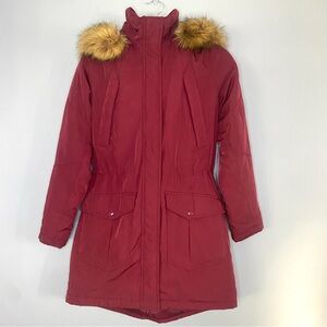 Women’s Hooded Water Resistant Coat Size Small Dark Red Fur Hood Pockets